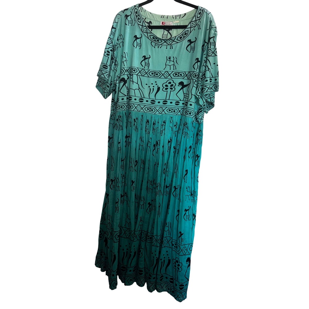 Woman Within Teal Blue Tribal Stick Figure Print Maxi Dress Boho Short Sleeve 2x